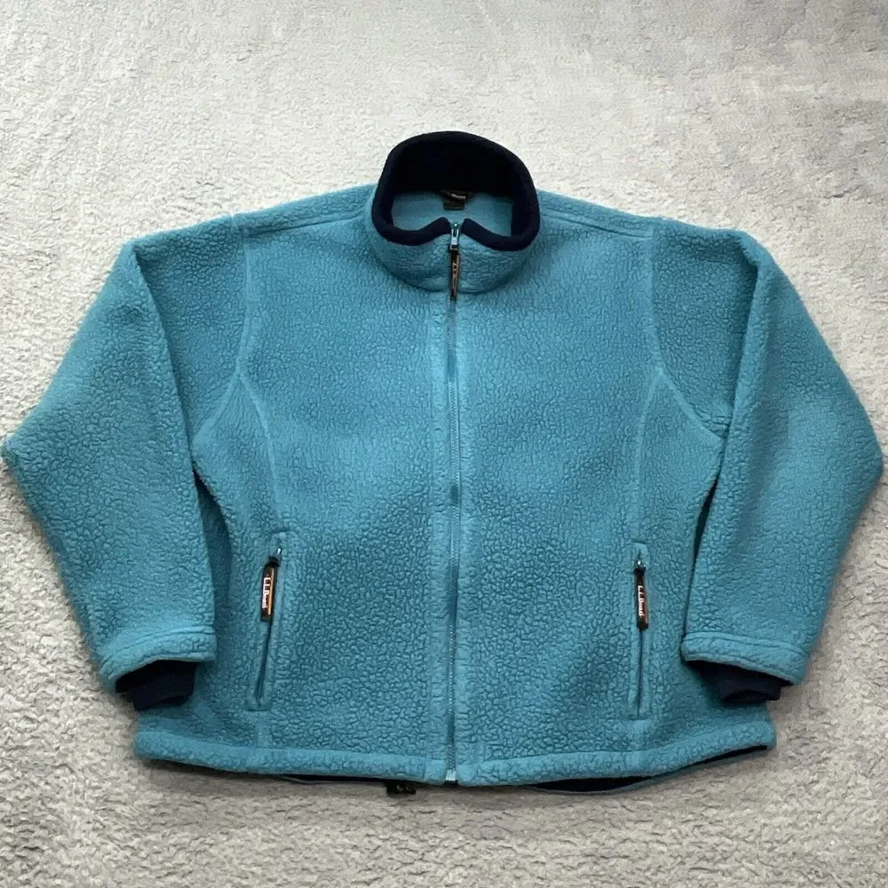 LL Bean Polartec Jacket Womens XL Full Zip Fleece Teal Blue Zip Pocket CabinCore